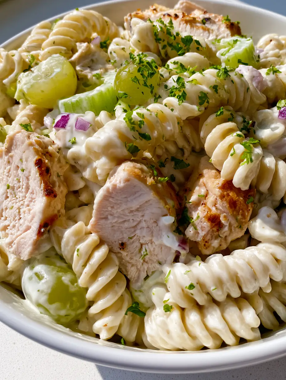 Close-up of Creamy Chicken Pasta Salad showing glossy dressing and charred chicken slabs.