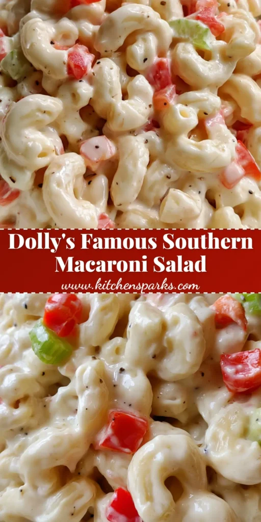 A top-down view of Dolly Parton Macaroni Salad in a white bowl showing vibrant red peppers and creamy dressing.