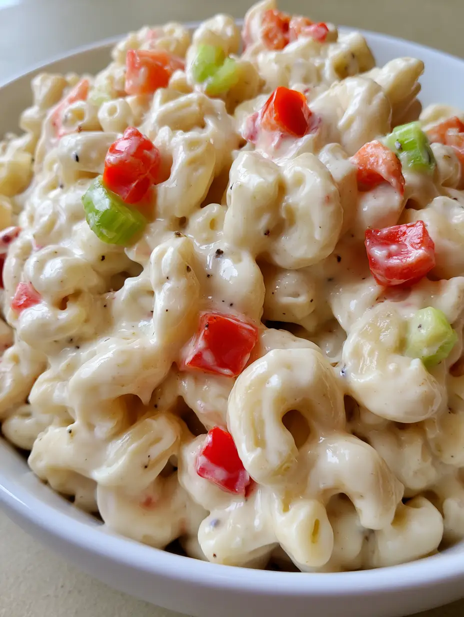 Handheld smartphone photo of Dolly Parton Macaroni Salad in a white ceramic bowl with glossy mayonnaise dressing.