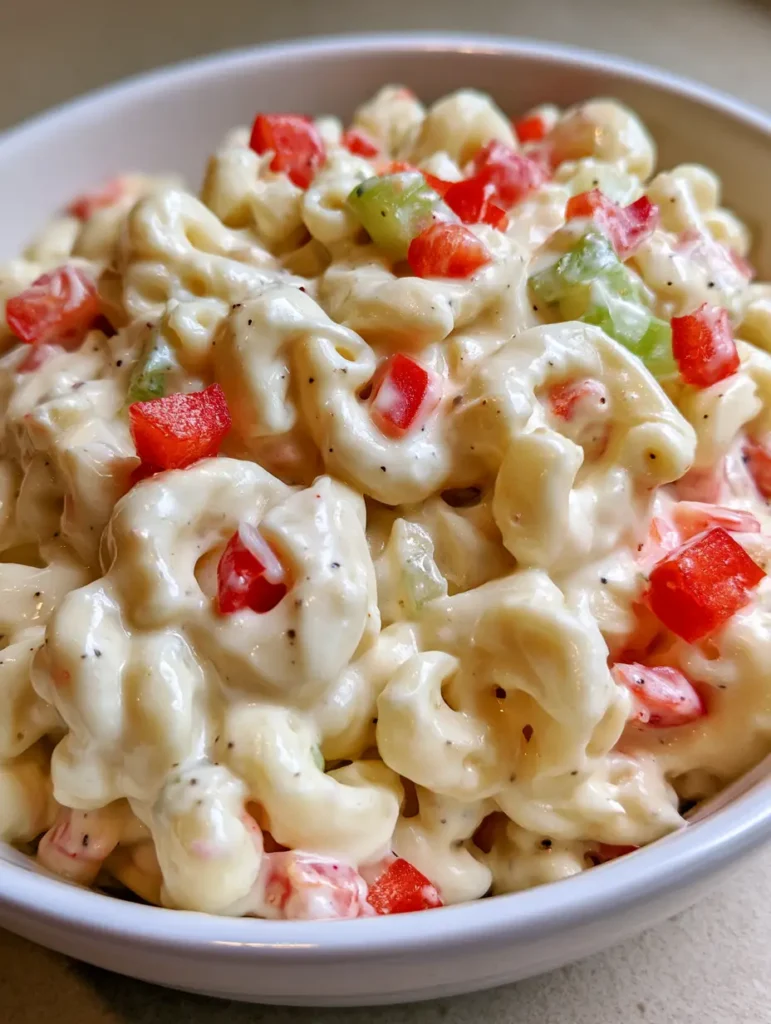 Close-up of small precise dices of red bell pepper and celery in Dolly Parton Macaroni Salad.