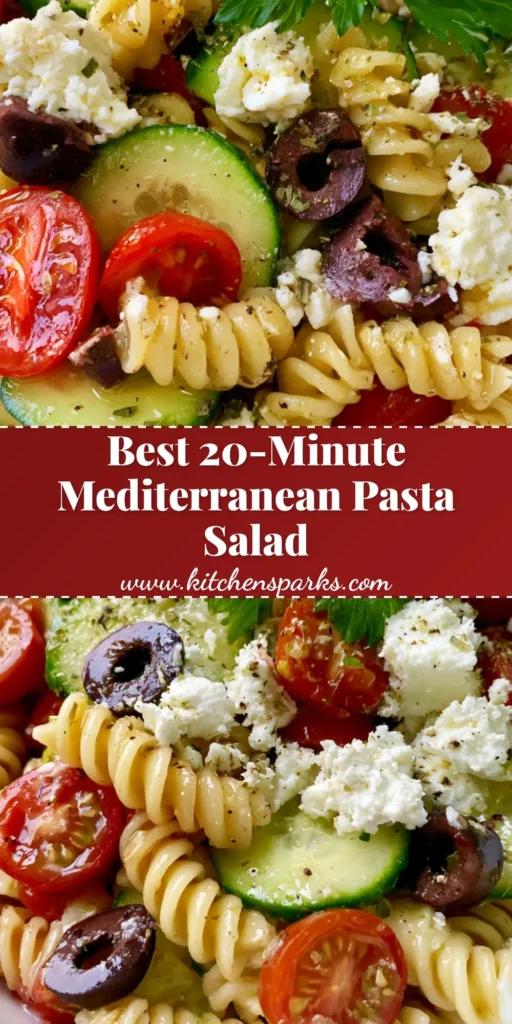 A top-down view of a Mediterranean Pasta Salad in a white bowl featuring rotini, feta chunks, and parsley garnish.