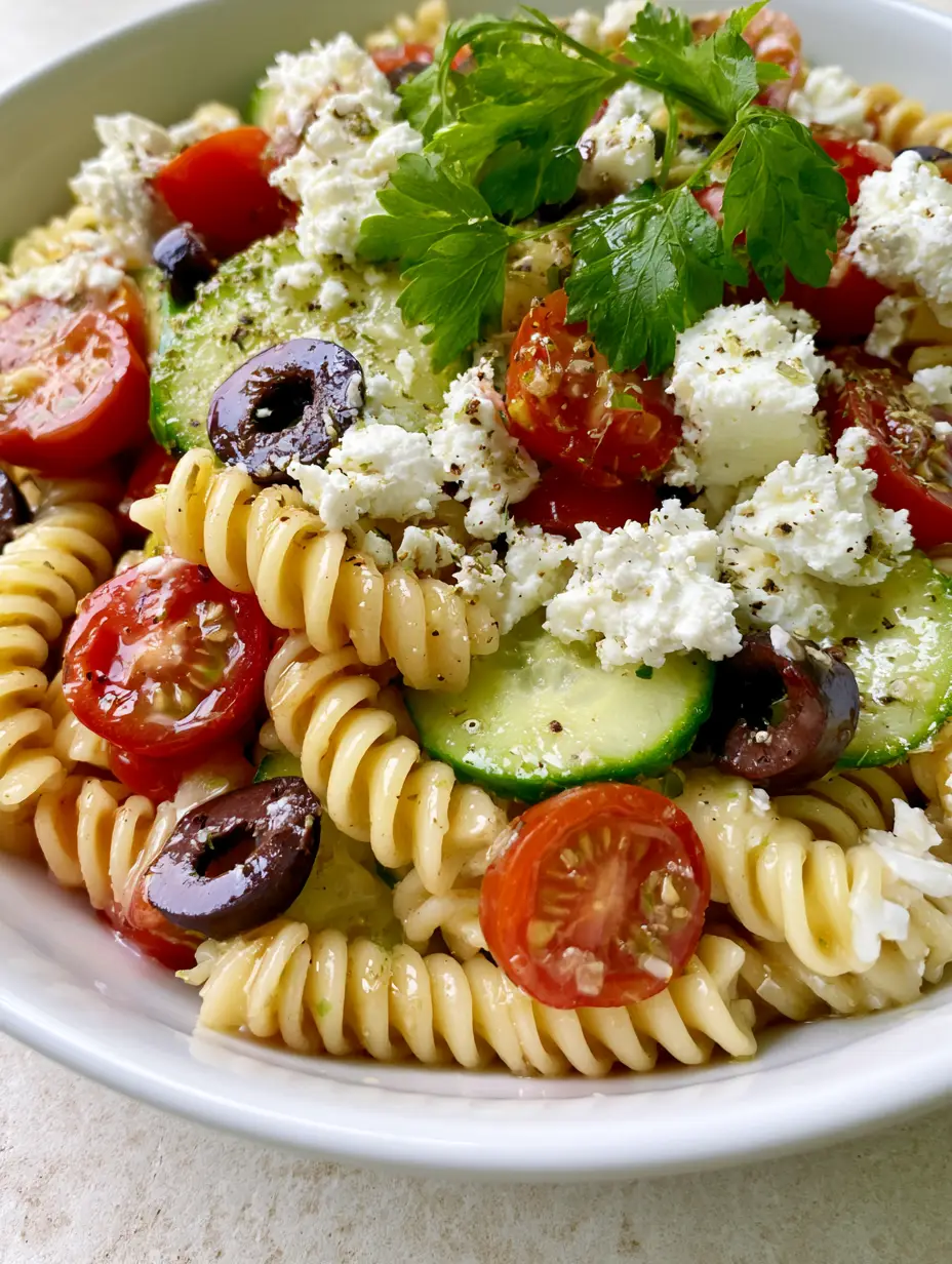 Close-up of Mediterranean Pasta Salad with rotini, cherry tomatoes, cucumbers, and glossy vinaigrette in a white ceramic bowl.
