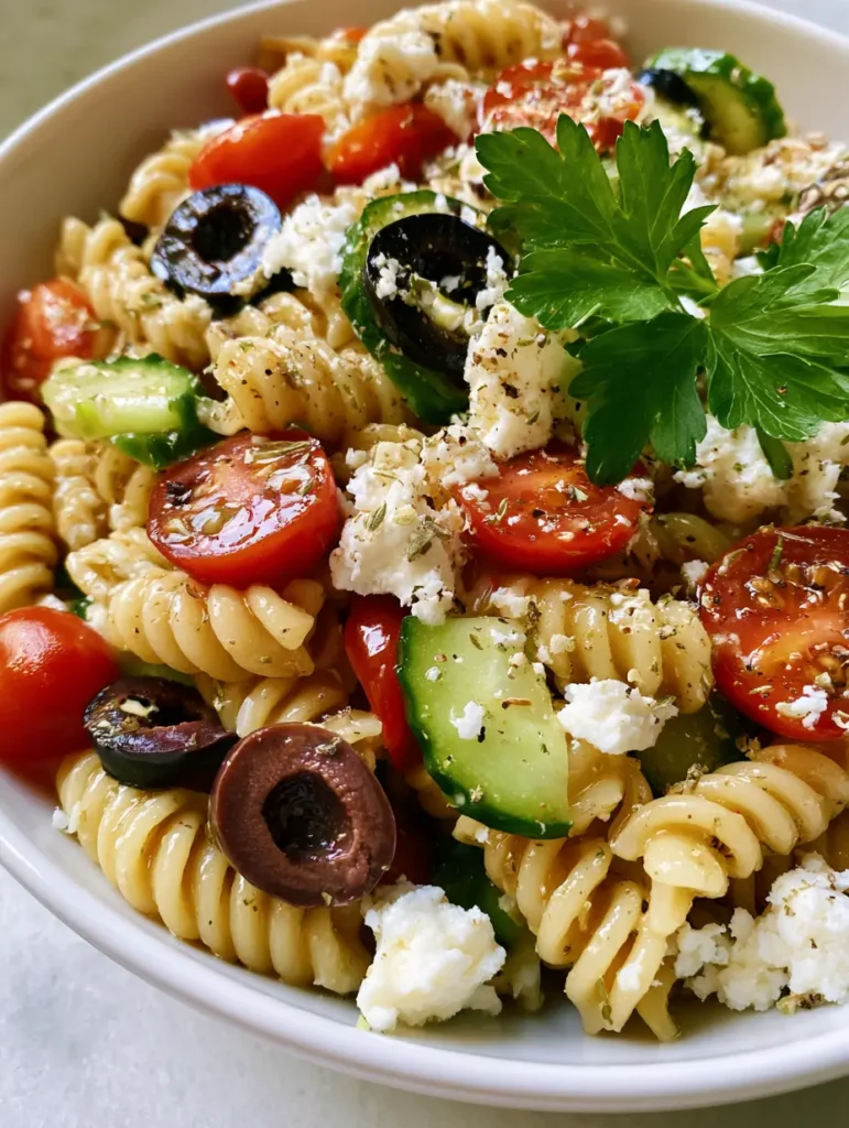 Macro shot of Mediterranean Pasta Salad showing feta chunks, sliced kalamata olives, and oregano specks.