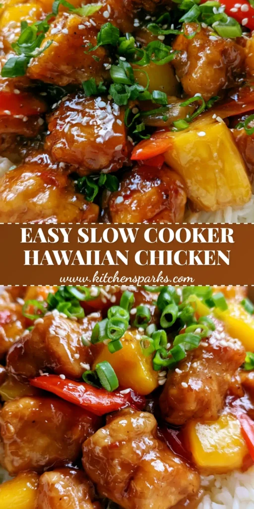 A white bowl of Slow Cooker Hawaiian Chicken with glossy pineapple glaze, red peppers, and green onions over white rice.