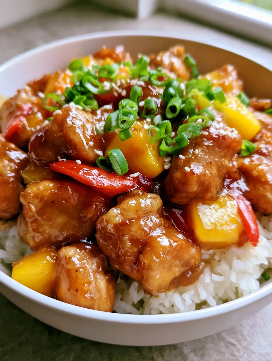Close-up of tender chicken chunks coated in a translucent golden-brown pineapple glaze. (Slow Cooker Hawaiian Chicken)