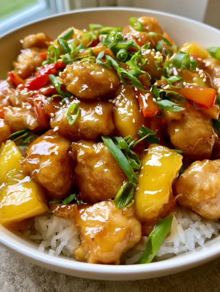 A steaming bowl of Slow Cooker Hawaiian Chicken showing red bell peppers and pineapple chunks.