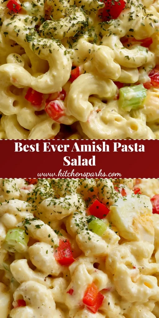 A close-up shot of a white ceramic bowl containing a creamy Amish pasta salad with red bell peppers and eggs.