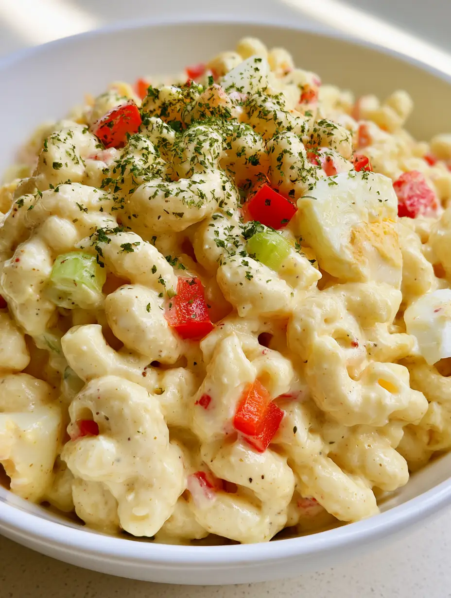 Close-up of creamy Amish Pasta Salad in a white bowl with visible celery, red peppers, and hard-boiled eggs.