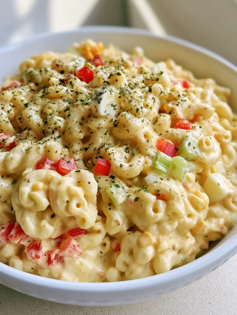 A side view of the Amish pasta salad showing uniform dices of vegetables and chunks of egg yolk.