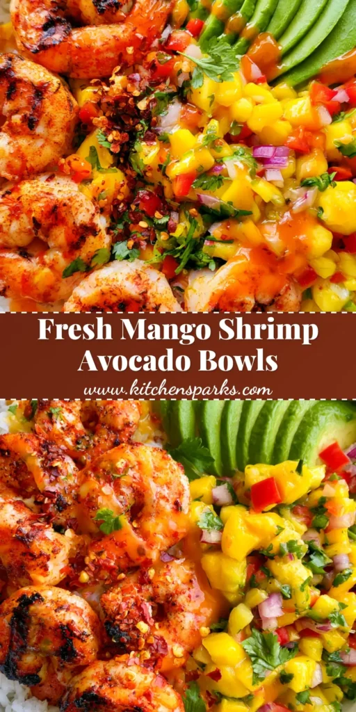 A top-down smartphone photo of Healthy Shrimp and Avocado Bowls featuring charred grilled shrimp, mango salsa, and sliced avocado over white rice.