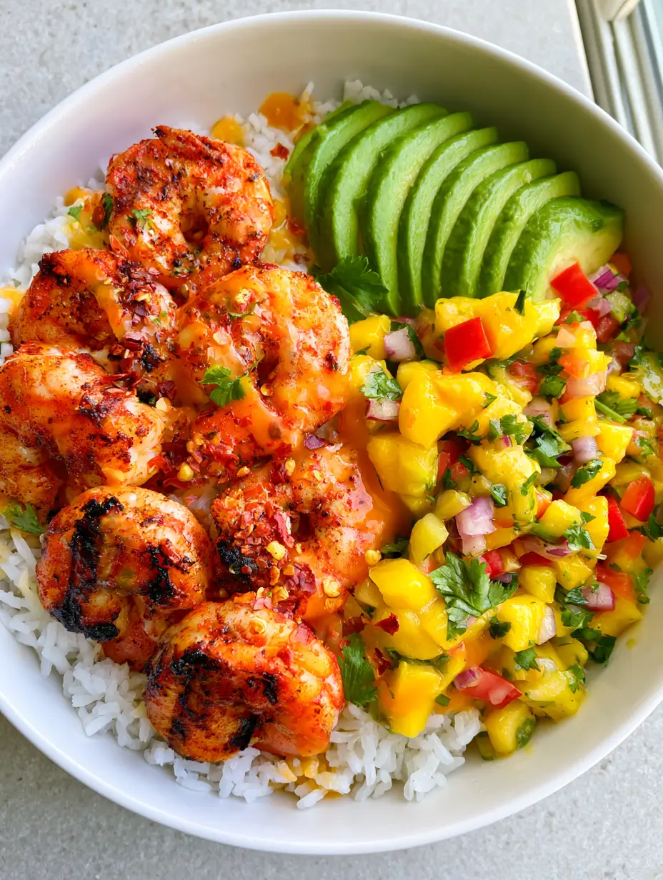 Vibrant Healthy Shrimp and Avocado Bowls with smoky grilled shrimp and colorful mango salsa in a white ceramic bowl.