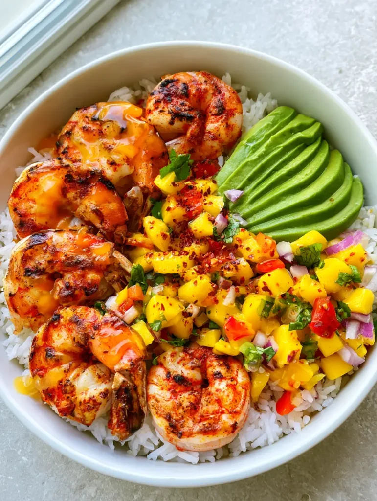 Close up view of charred shrimp with reddish-orange spices and uniform avocado slices in Healthy Shrimp and Avocado Bowls.