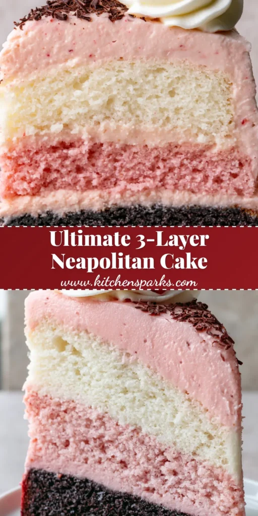 A towering slice of Neapolitan Cake with distinct chocolate, strawberry, and vanilla layers on a white plate.