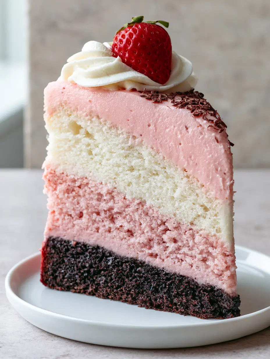 Close up of a Neapolitan Cake slice showing the moist chocolate, pink strawberry, and white vanilla bean sponge layers.