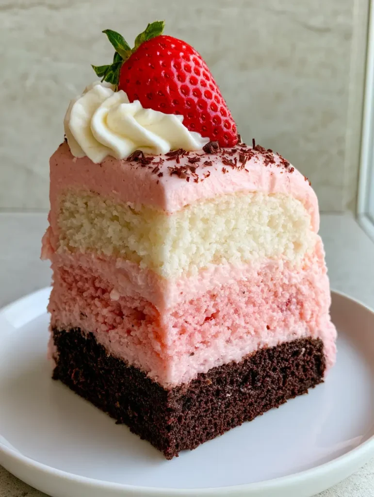 Top view of Neapolitan Cake frosting with smooth strawberry buttercream, whipped cream swirl, and dark chocolate shavings.