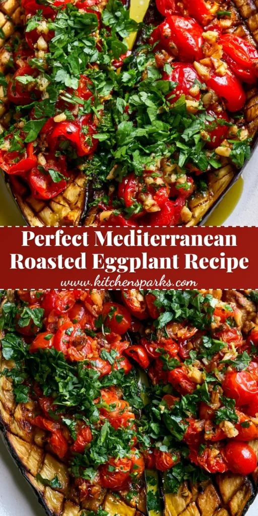 A top-down shot of two cross-hatched Mediterranean Roasted Eggplant halves topped with blistered cherry tomatoes and fresh parsley.
