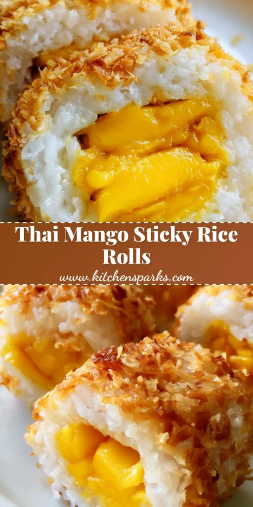 A close-up shot of handheld Mango Sticky Rice Rolls with vibrant yellow mango centers and golden-brown toasted coconut coating on a white plate.