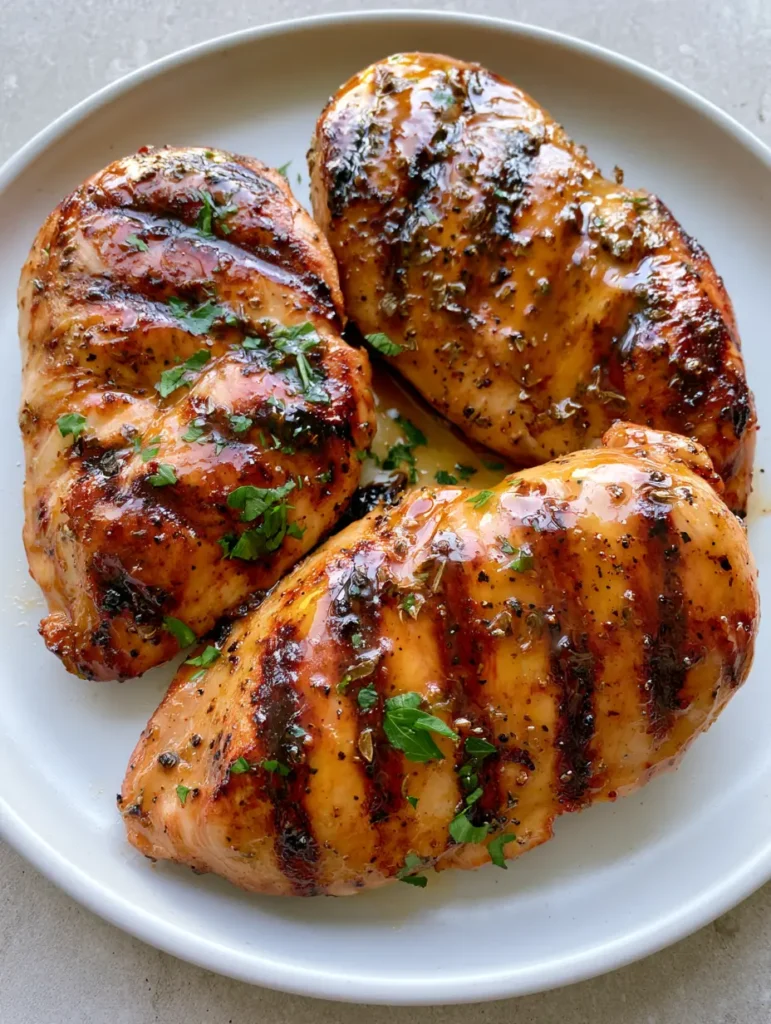 Close up of grilled chicken with a glossy golden glaze and minced parsley garnish on a matte white ceramic plate. (Grilled Chicken Marinade)