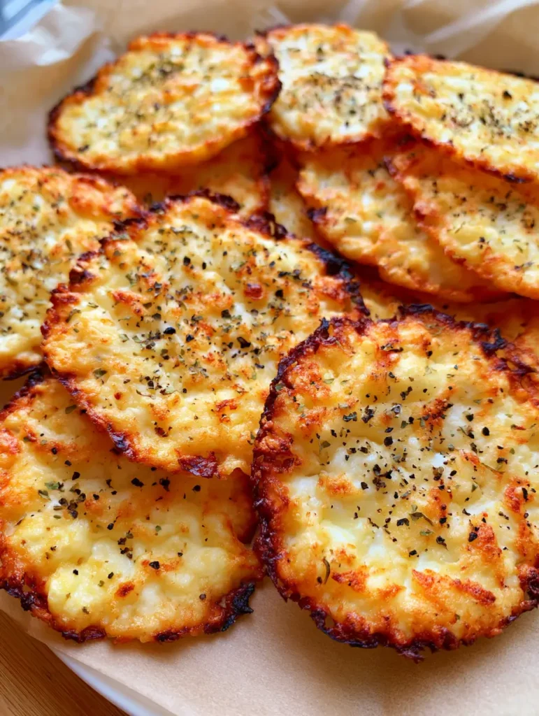 Cottage Cheese Chips: The Ultimate Crispy High-Protein Snack 1 Close-up detail of lacy cottage cheese chips showing the intricate melted curd structure and black pepper seasoning.