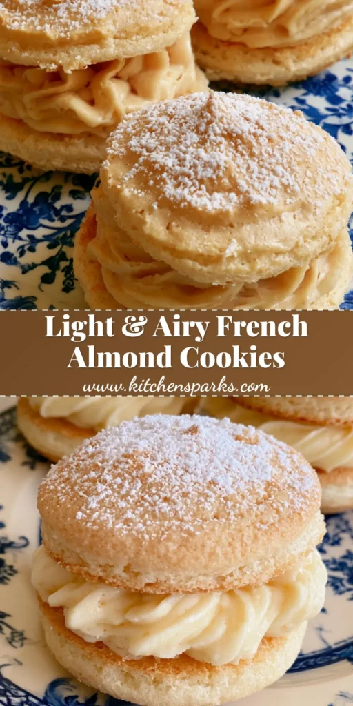 Almond Dacquoise Cookies: The Ultimate French Meringue Cream Cloud Recipe 4 A stack of Almond Dacquoise Cookies on a blue and white porcelain plate with a dusting of powdered sugar.