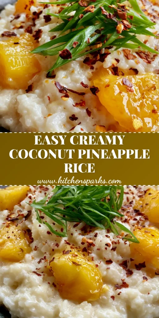 Coconut Pineapple Rice: The Ultimate Creamy Tropical Side Dish 4 A smartphone-style photo of creamy Coconut Pineapple Rice in a dark rustic bowl with green scallions and red chili flakes.