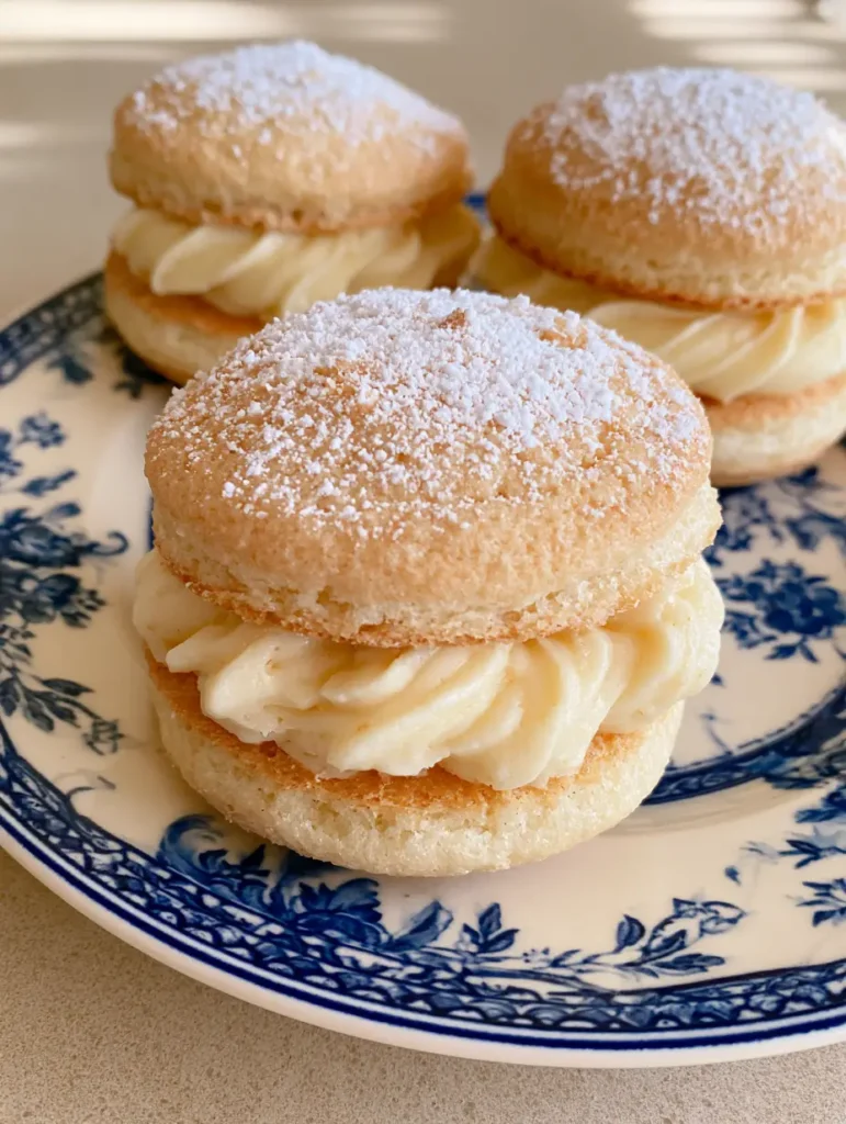 Almond Dacquoise Cookies: The Ultimate French Meringue Cream Cloud Recipe 2 Close up handheld photo of Almond Dacquoise Cookies on a vintage porcelain plate with morning light shadows.