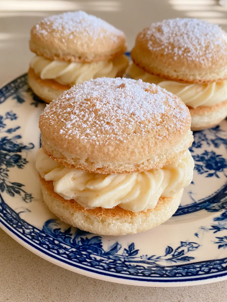 Almond Dacquoise Cookies: The Ultimate French Meringue Cream Cloud Recipe 3 Close up handheld photo of Almond Dacquoise Cookies on a vintage porcelain plate with morning light shadows.