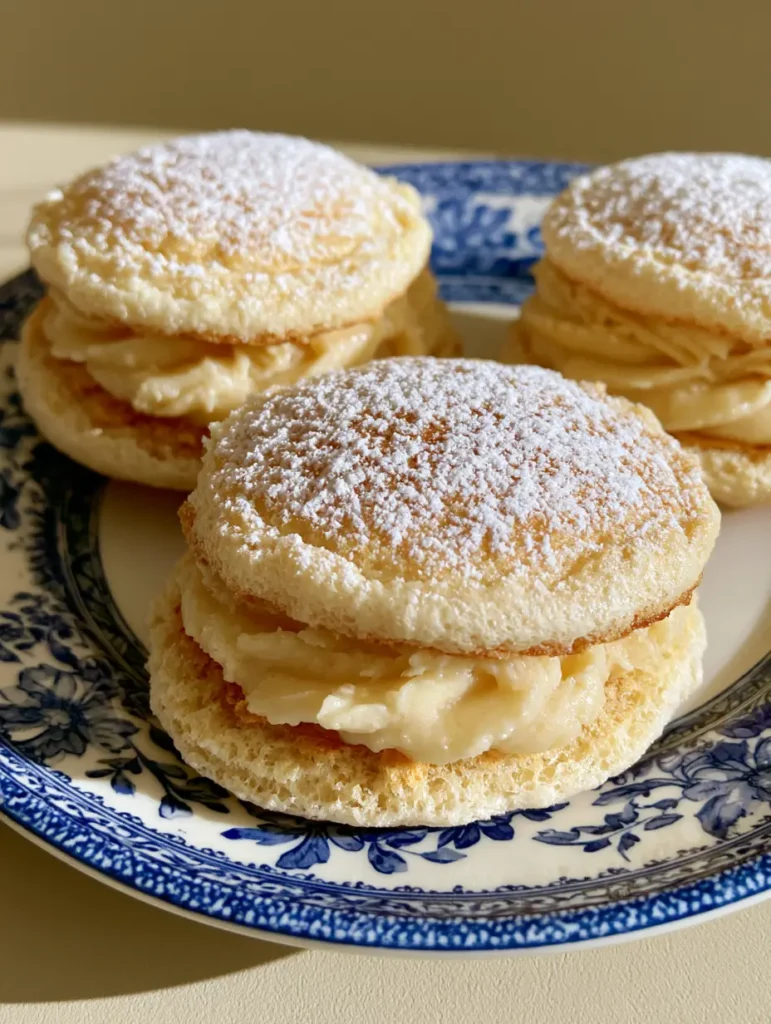 Almond Dacquoise Cookies: The Ultimate French Meringue Cream Cloud Recipe 1 Side view of Almond Dacquoise Cookies showing the piped toasted almond cream filling between meringue discs.