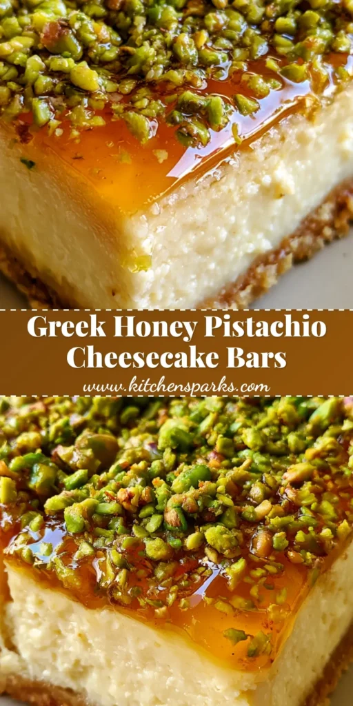 Greek Honey Pistachio Cheesecake Bars with a Buttery Shortbread Crust 4 A stack of Greek Honey Pistachio Cheesecake Bars showing the golden crust, ivory filling, and glossy green nut topping.