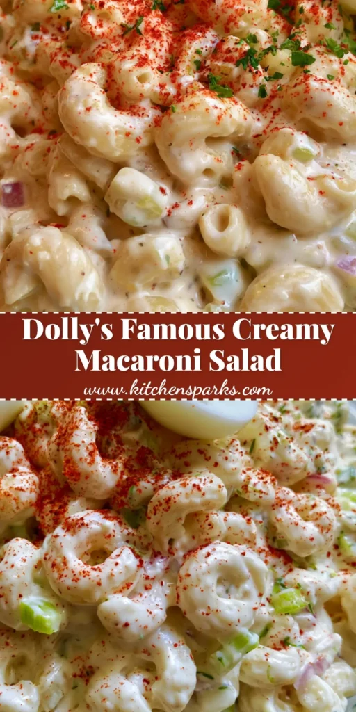 A handheld smartphone photo of Dolly Parton Macaroni Salad in a clear glass bowl with egg slices and paprika. (Dolly Parton Macaroni Salad)