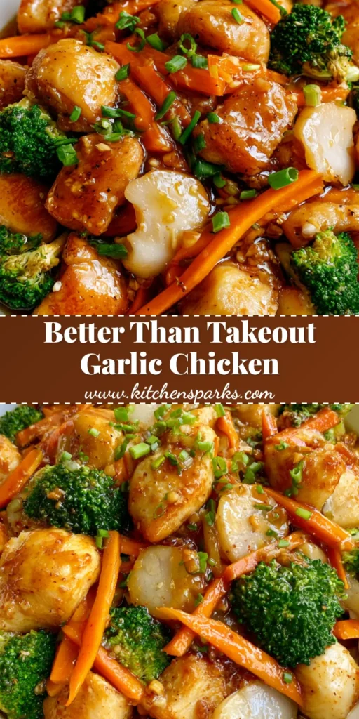 A shallow white bowl filled with bite-sized golden-seared chicken in a glossy dark amber garlic sauce, surrounded by broccoli florets, diagonal carrots, and water chestnuts. (Chicken in Garlic Sauce)
