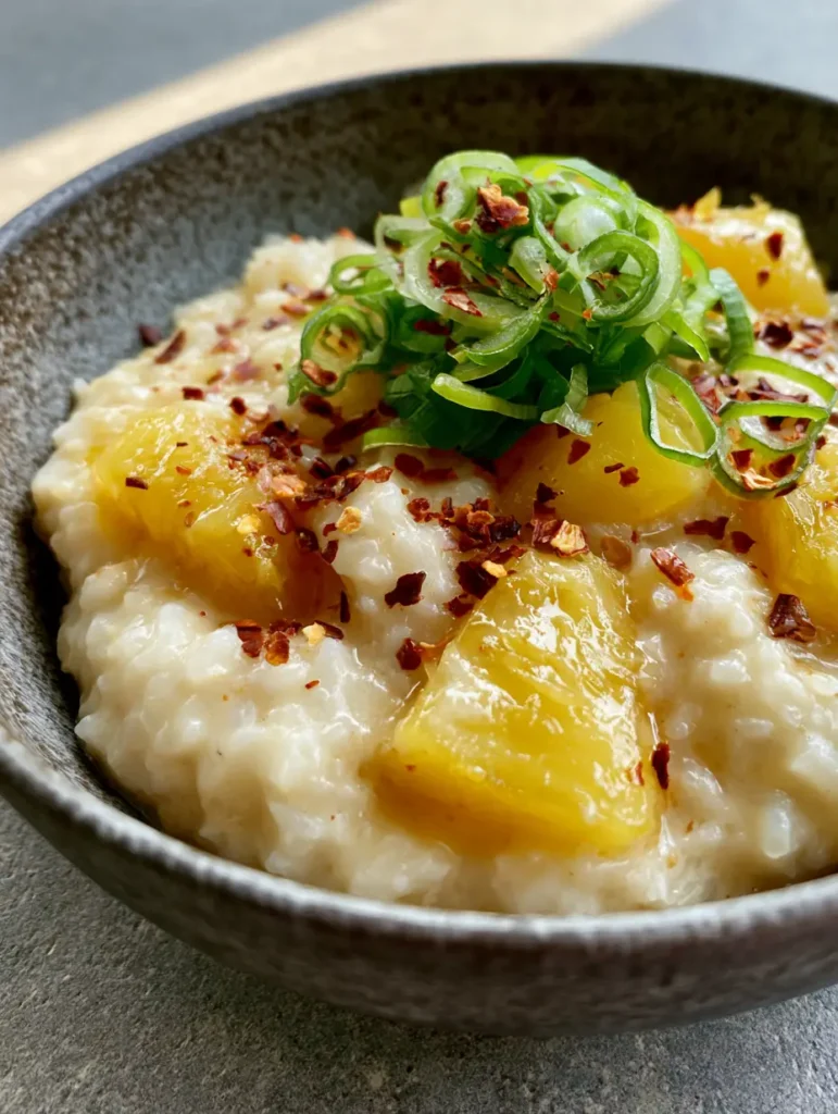 Coconut Pineapple Rice: The Ultimate Creamy Tropical Side Dish 1 A dark rustic ceramic bowl filled with Coconut Pineapple Rice sitting on a grey stone surface.