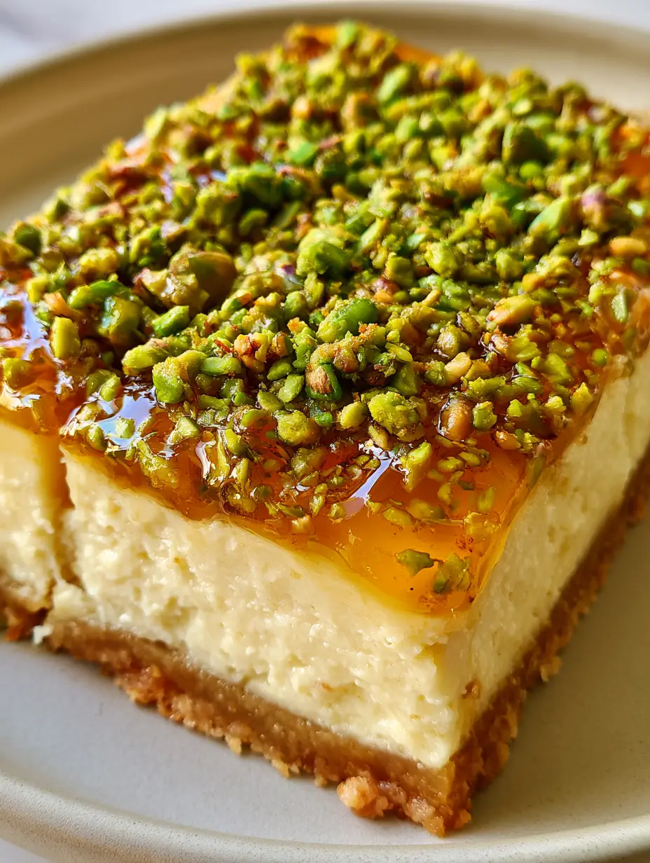 Greek Honey Pistachio Cheesecake Bars with a Buttery Shortbread Crust 3 Close-up handheld smartphone photo of a single Greek Honey Pistachio Cheesecake Bar with vibrant green nuts and amber glaze. (Greek Honey Pistachio Cheesecake Bars)