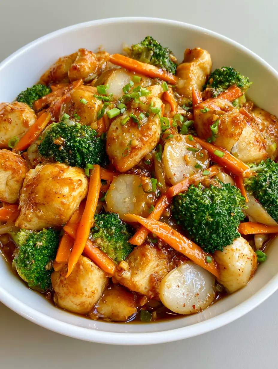 Close-up shot showing the translucent, dark-amber garlic sauce coating golden chicken breast pieces with visible specks of minced garlic. (Chicken in Garlic Sauce)