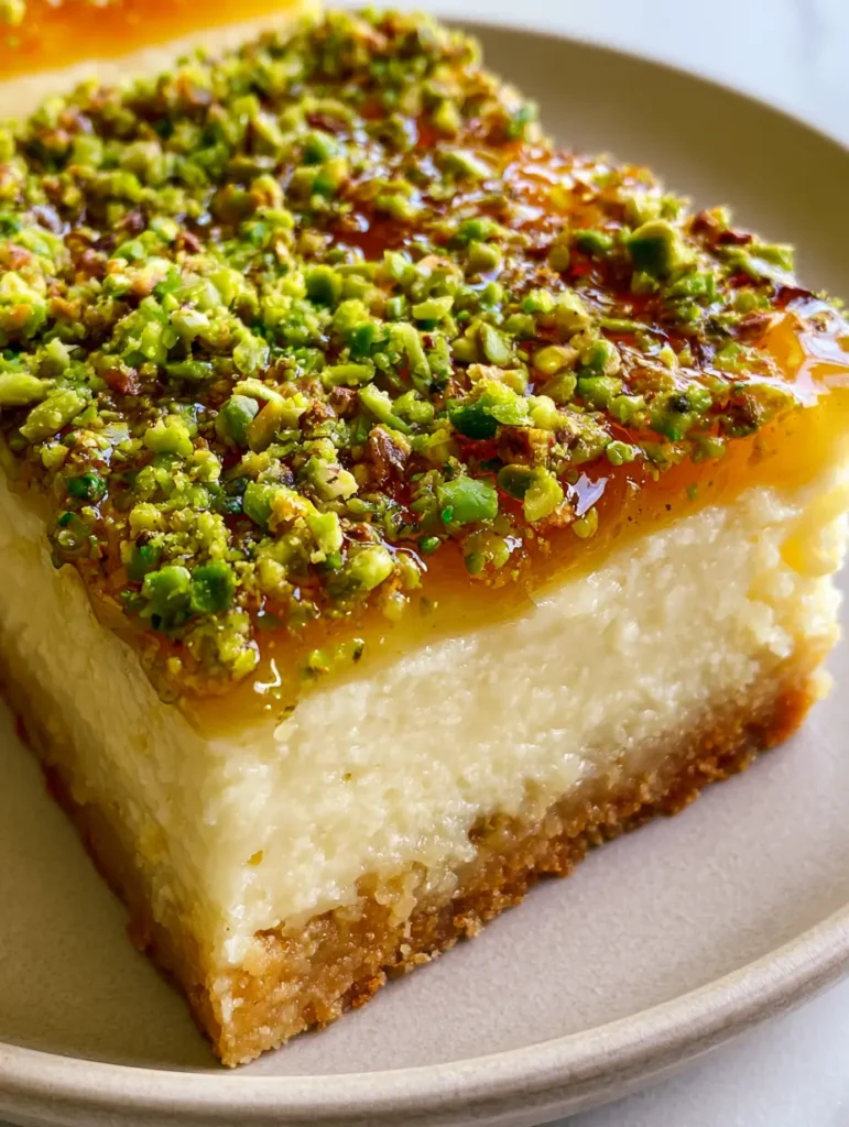 Greek Honey Pistachio Cheesecake Bars with a Buttery Shortbread Crust 1 Cross-section of Greek Honey Pistachio Cheesecake Bars showing the distinct golden crust and ivory cheesecake layer. (Greek Honey Pistachio Cheesecake Bars)