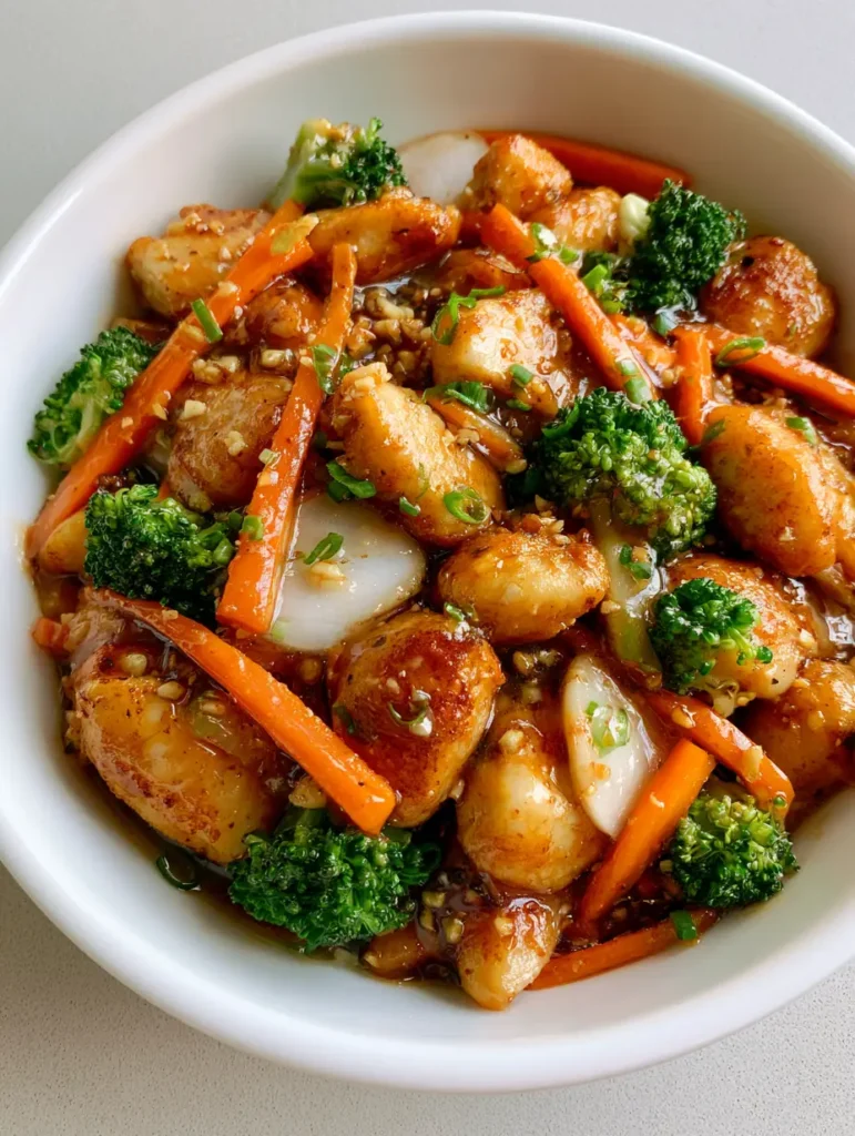 Overhead view of Chicken in Garlic Sauce in a ceramic bowl featuring bright orange carrots and vibrant green steamed broccoli florets.