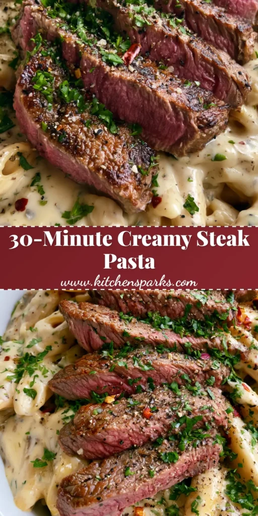 A smartphone photo of a white ceramic bowl filled with Creamy Steak Pasta, featuring thick diagonal slices of medium-rare ribeye and a glossy ivory garlic sauce.