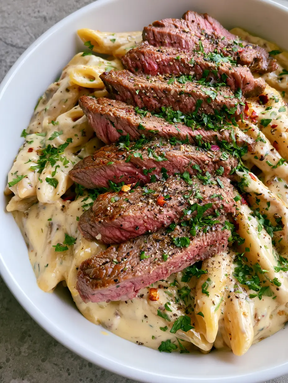 Close-up of Creamy Steak Pasta in a white bowl showing the browned crust of the steak and the glossy texture of the cream sauce.