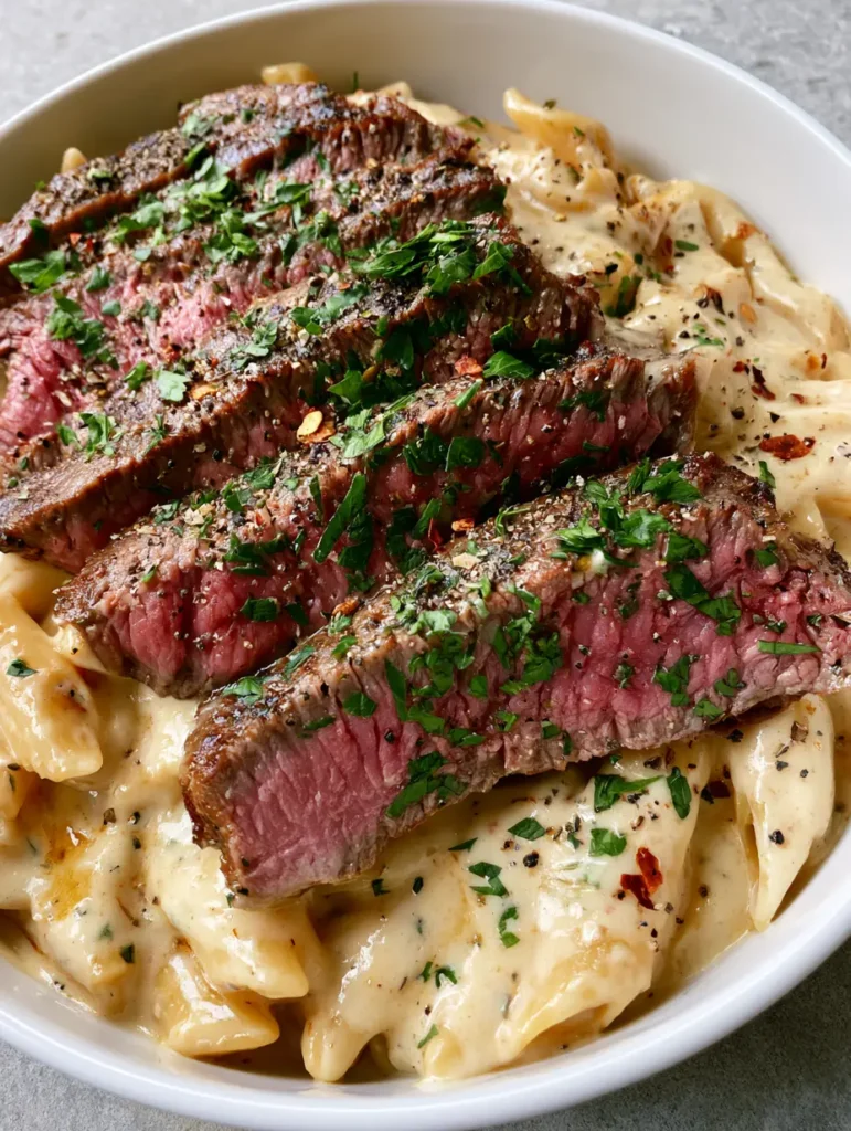 Top-down view of Creamy Steak Pasta garnished with fresh parsley, cracked black pepper, and red chili flakes.