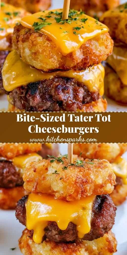 A tall stack of Tater Tot Cheeseburger Sliders showing crispy potato layers and melted yellow cheddar. (Tater Tot Cheeseburger Sliders)