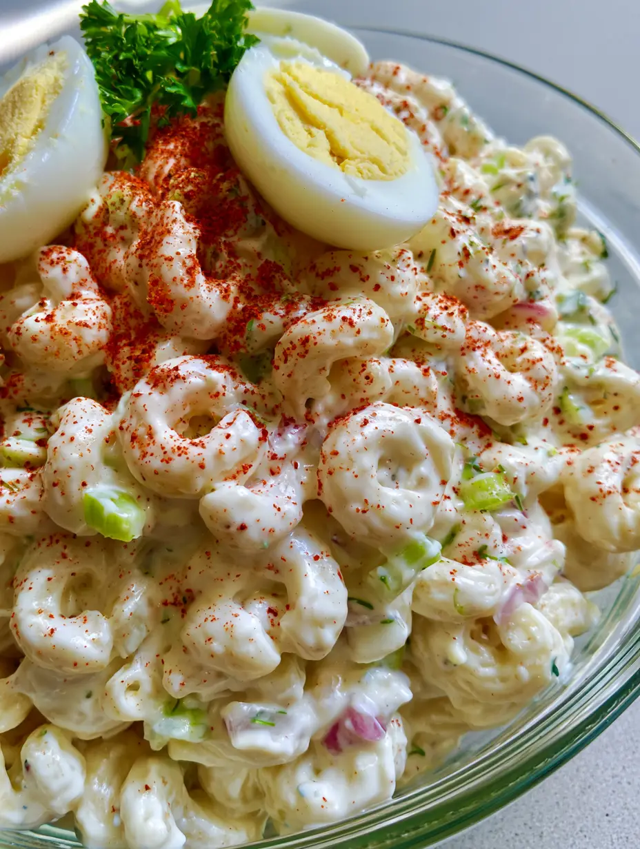 Detailed shot of creamy macaroni salad showing glossy dressing and flecks of red onion and relish. (Dolly Parton Macaroni Salad)