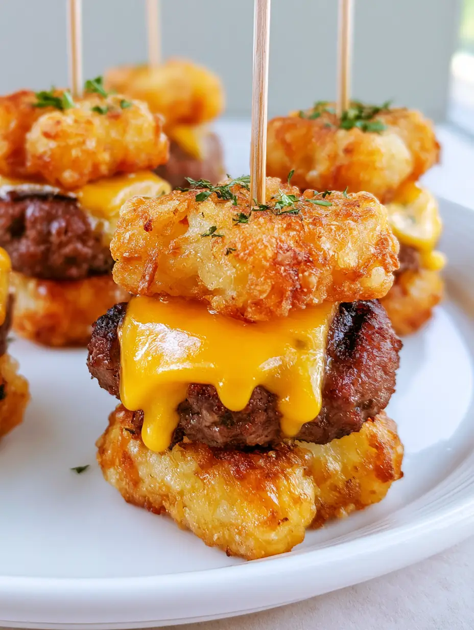 Close-up shot of mini tater tot cheeseburger sliders on a white plate with visible grill marks and melted cheese. (Tater Tot Cheeseburger Sliders)