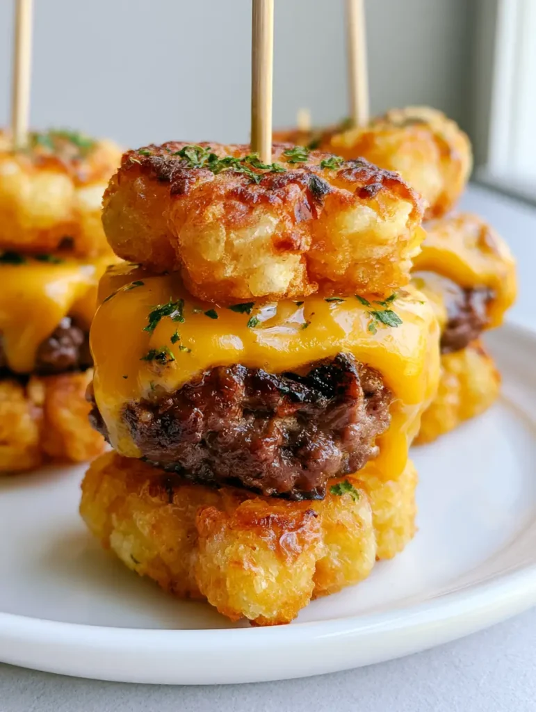 Overhead view of several golden brown tater tot sliders held together with toothpicks and sprinkled with parsley.