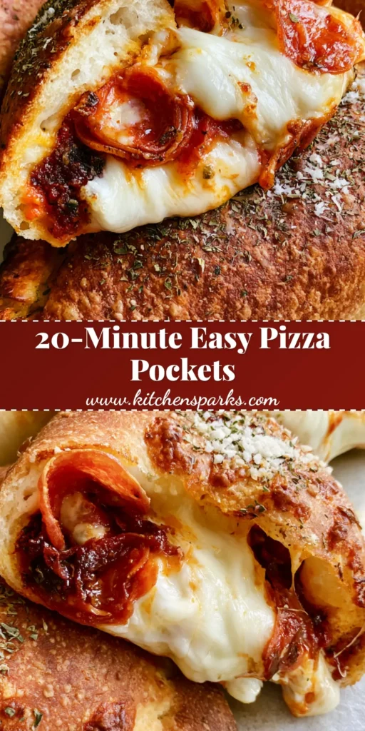 Homemade Pizza Pockets: The Ultimate Crispy, Cheesy Handheld Recipe 4 Three freshly baked Homemade Pizza Pockets on a light gray stone surface, one broken open to show stretchy cheese and pepperoni.