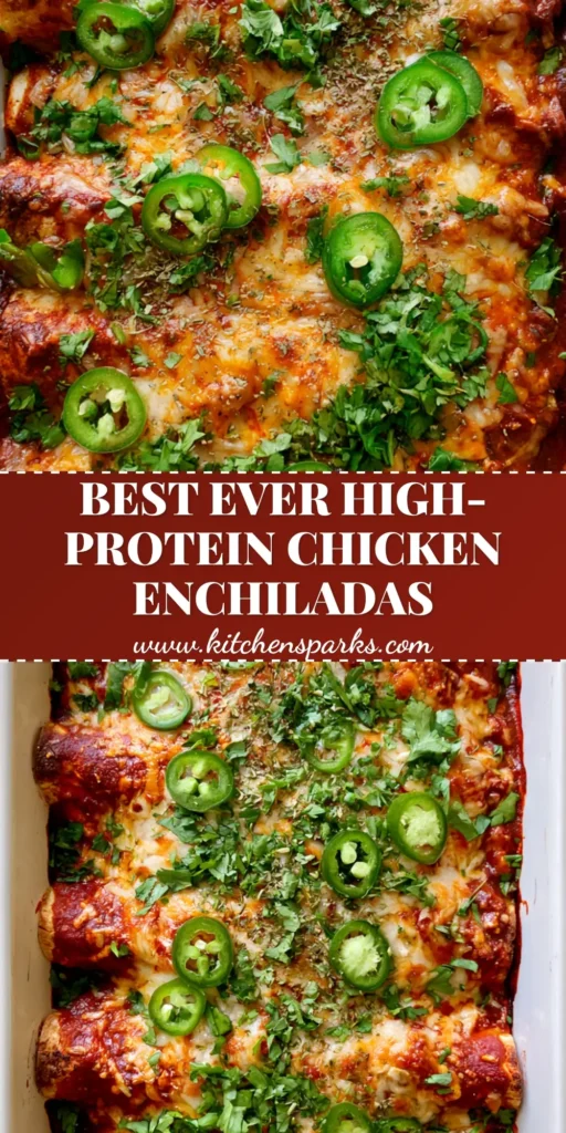 High-Protein Chicken Enchiladas with Black Beans and Bubbly Melted Cheese 4 A vertical shot of High-Protein Chicken Enchiladas in a white ceramic dish, featuring bubbly melted cheese and fresh jalapeños. (High-Protein Chicken Enchiladas)
