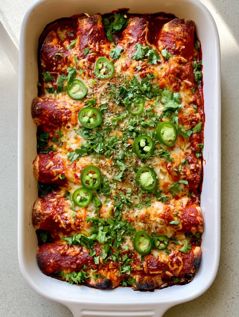 High-Protein Chicken Enchiladas with Black Beans and Bubbly Melted Cheese 2 Close-up top-down view of six neatly rolled High-Protein Chicken Enchiladas in a white dish with toasted cheese spots and fresh cilantro. (High-Protein Chicken Enchiladas)