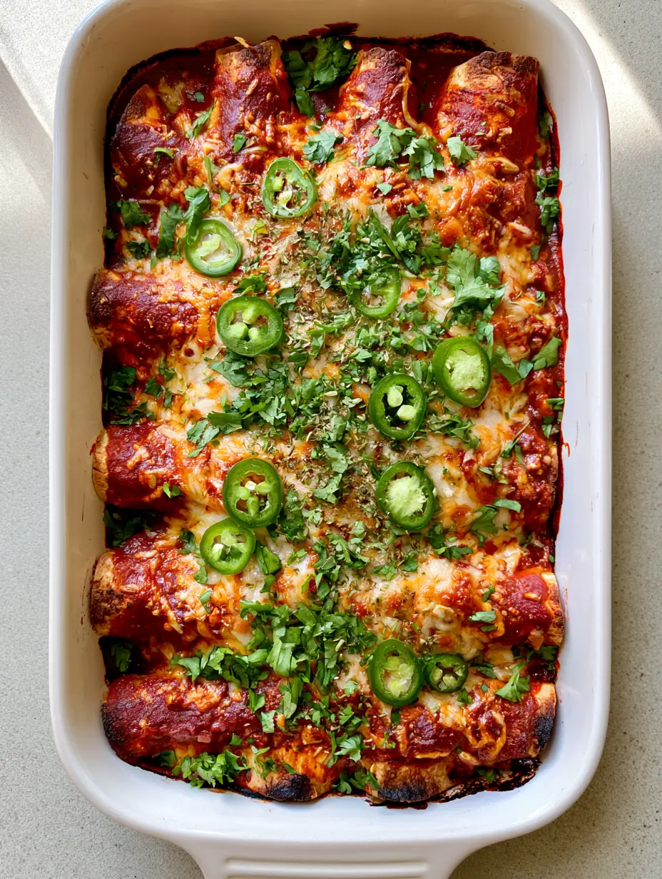 High-Protein Chicken Enchiladas with Black Beans and Bubbly Melted Cheese 3 Close-up top-down view of six neatly rolled High-Protein Chicken Enchiladas in a white dish with toasted cheese spots and fresh cilantro. (High-Protein Chicken Enchiladas)