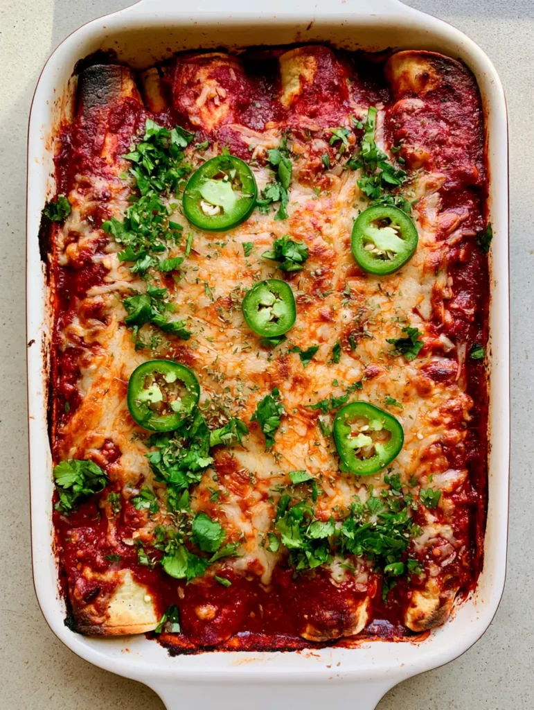High-Protein Chicken Enchiladas with Black Beans and Bubbly Melted Cheese 1 A detailed shot of bubbly cheese and slightly crisp corn tortilla edges on High-Protein Chicken Enchiladas garnished with jalapeño rounds. (High-Protein Chicken Enchiladas)