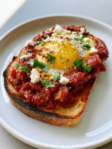 Close-up of Shakshouka Toast on a white plate, showing the chunky tomato sauce and opaque egg white edges. (Shakshouka Toast)