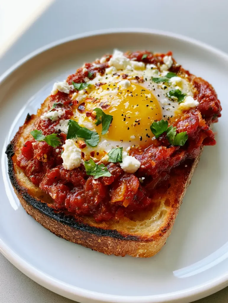 Close-up of Shakshouka Toast on a white plate, showing the chunky tomato sauce and opaque egg white edges. (Shakshouka Toast)